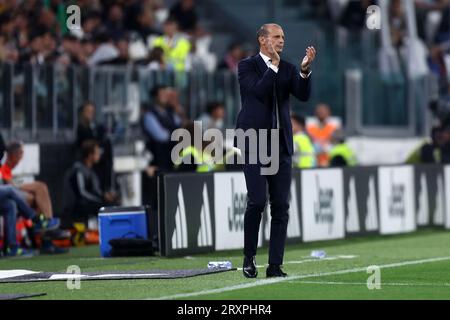 Torino, Italia. 26 settembre 2023. Massimiliano Allegri, allenatore della Juventus FC gesti durante la partita di serie A tra Juventus FC e noi Lecce allo stadio Allianz il 26 settembre 2023 a Torino. Crediti: Marco Canoniero/Alamy Live News Foto Stock