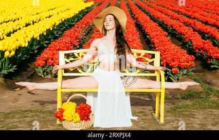 Bruna a pelo lungo che si divide sulla panca di fronte al campo di tulipano Foto Stock