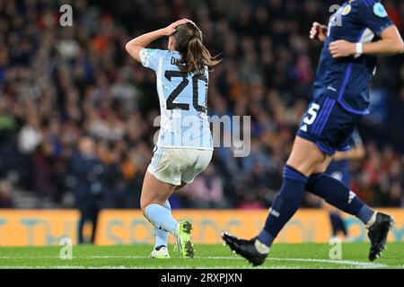 Glasgow, Regno Unito. 26 settembre 2023. Il look belga Marie Detruyer è stato respinto durante una partita tra la Scozia e la nazionale femminile belga The Red Flames, partita 2/6 nella UEFA Women's Nations League 2023-24, martedì 26 settembre 2023, a Glasgow, in Scozia. BELGA PHOTO DAVID CATRY Credit: Belga News Agency/Alamy Live News Foto Stock