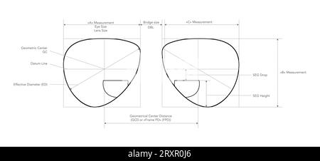 Box System of Measurement of Bifocal Lens Glasses illustrazione tecnica accessorio oculare. Occhiali da vista piatti, modello con occhiali da vista, profilo a schizzo isolato su sfondo bianco Illustrazione Vettoriale