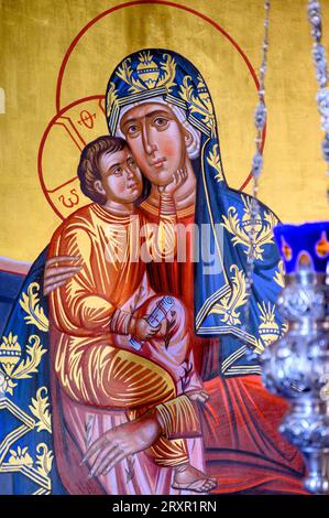 Un'icona Eleusa della Beata madre di Dio con Gesù bambino. Il monastero di Žitomislić, Bosnia ed Erzegovina. Foto Stock