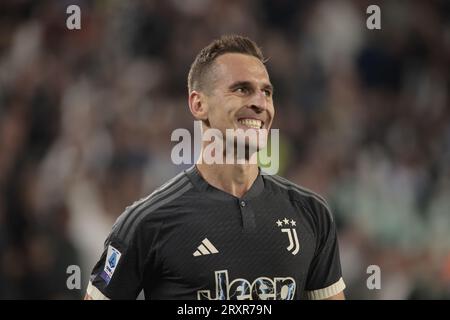 Arkadiusz Milik della Juventus festeggia dopo un gol in serie A, la partita di calcio tra Juventus FC e Us Lecce il 26 settembre 2023 allo stadio Allianz di Torino. Foto Nderim Kaceli Foto Stock