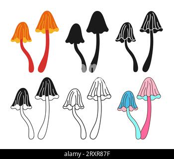 Fantastico set di sgabelli psichedelici a funghi. Silhouette colorata o tatuaggio a doodle con simbolo, funghi surreali decorati con linee. Stilizza il fungo hippie retrò. Raccolta vettoriale disegnata da alchimia Illustrazione Vettoriale