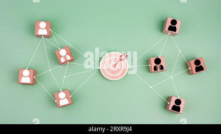 blocco di legno che stampa un collegamento di collegamento icona di destinazione con un'icona umana su sfondo verde. Concetto di obiettivi e obiettivi aziendali. business compet Foto Stock