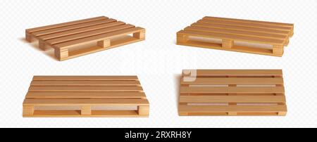 pallet in legno 3d per vettoriale isolato per imballaggi in casse. Piattaforma per vassoio di carico in legno per magazzino o set di risorse di stoccaggio. Scheda di consegna con tempi realistici Illustrazione Vettoriale