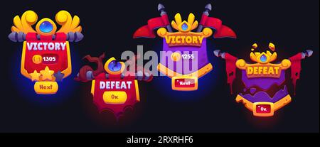 Icona ui vincitrice del gioco per il tasto vittoria e sconfitta. Gold vince e perde il design del telaio del livello per l'interfaccia. Elemento medaglia GUI con concetto di flag. Illustrazione del cartello isolato 2d fortunato con punteggio del giocatore stella Illustrazione Vettoriale