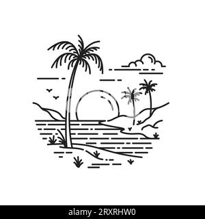 spiaggia tropicale con splendida vista al tramonto in stile artistico. illustrazione vettoriale Illustrazione Vettoriale