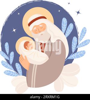 Natale. San Giuseppe il Betrothed. Santo antenato con il bambino Gesù Cristo. Notte Santa. Illustrazione vettoriale in stile piatto per cartoni animati per il design Illustrazione Vettoriale