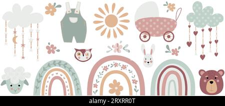 Boho piccolo arcobaleno clipart. Arcobaleno boho, animali ed elementi per il tuo progetto. Illustrazione Vettoriale