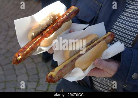 Bratwurst bei einem Volksfest a Wernigerode im Bundesland Sachsen-Anhalt Bratwurst *** Bratwurst ad un festival popolare a Wernigerode nello stato della Sassonia Anhalt Bratwurst Foto Stock