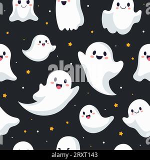 Motivo senza cuciture con fantasmi sorridenti per Halloween. Illustrazione vettoriale piatta per tessuti di design, involucri, tessuti, carta, stampa. Illustrazione Vettoriale