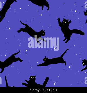 Gatti neri su sfondo blu cielo notturno. Ripetizione senza cuciture. Illustrazione vettoriale Illustrazione Vettoriale