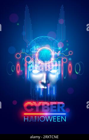 Il male nell'immagine spaventoso robot IA faccia con le corna. Testa di cyborg dell'intelligenza artificiale spettrale. Banner Cyber halloween Party. Robot cattivo con occhi con luci al neon Illustrazione Vettoriale