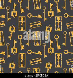 Motivo vintage senza cuciture con varie chiavi vintage in metallo dorato su sfondo nero. Illustrazione Vettoriale