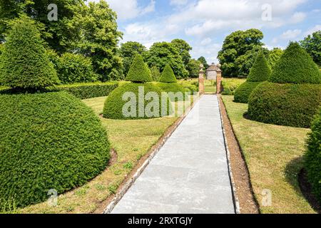Yew Topiary nel giardino in stile Arts and Crafts presso la medievale Lytes Cary Manor House vicino a Somerton, Somerset, Inghilterra Regno Unito Foto Stock