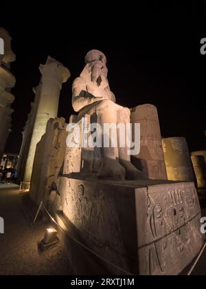 Il Tempio di Luxor di notte, un grande complesso di templi egizi costruito intorno al 1400 a.C., patrimonio dell'umanità dell'UNESCO, Luxor, Tebe Foto Stock