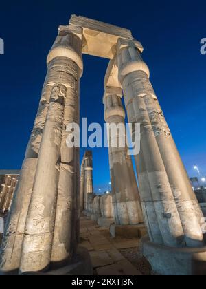 Il Tempio di Luxor di notte, un grande complesso di templi egizi costruito intorno al 1400 a.C., patrimonio dell'umanità dell'UNESCO, Luxor, Tebe Foto Stock