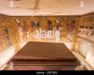 Rilievi e dipinti nella tomba di Tutankhamon, con il suo sarcofago nel centro inferiore, la Valle dei Re, patrimonio dell'umanità dell'UNESCO, Tebe Foto Stock