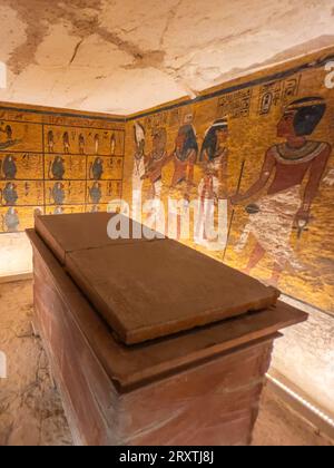 Rilievi e dipinti nella tomba di Tutankhamon, con il suo sarcofago, la Valle dei Re, patrimonio dell'umanità dell'UNESCO, Tebe, Egitto, Nord Africa Foto Stock