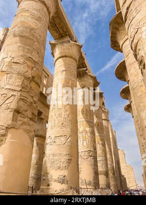 La grande sala ipostila, il complesso del tempio di Karnak, un vasto mix di templi, piloni e cappelle, patrimonio dell'umanità dell'UNESCO, vicino a Luxor, Tebe Foto Stock