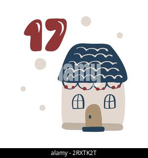 Calendario dell'avvento di Natale con casa disegnata a mano. Diciassettesimo giorno 17. Poster in stile scandinavo. Graziosa illustrazione invernale per cartoline, poster, stanza per bambini Illustrazione Vettoriale