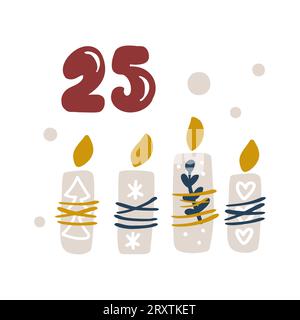 Calendario dell'avvento di Natale con quattro candele disegnate a mano. Giorno venticinque 25. Poster boho in stile scandinavo. Graziosa illustrazione invernale per cartellino, poster Illustrazione Vettoriale