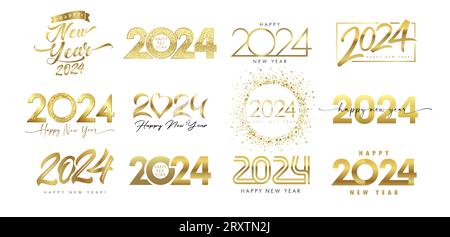 Set di testo con logo Happy New Year 2024 color oro. Illustrazione vettoriale numero oro su sfondo bianco. Auguri di Natale creativi e di lusso Illustrazione Vettoriale