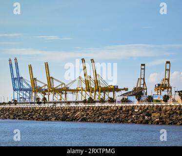 Fila di gru gialle e blu nel porto marittimo internazionale merci. Spedizione globale, consegna e. Cielo blu e mare blu. Foto di alta qualità Foto Stock