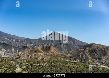 Paesaggio desertico di Tabernas in una giornata di sole, Almeria, Andalusia, Spagna, Europa Foto Stock