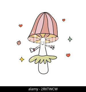 Fungo comico, divertente e divertente, disegnato a mano, in stile doodle Groovy Illustrazione Vettoriale