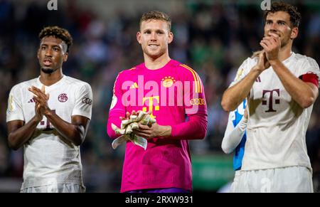 Münster, Germania. 26 settembre 2023. Kingsley Coman (Monaco), Torwart Daniel Peretz (Monaco), Leon Goretzka (Monaco) Preußen Münster - Bayern Münch Foto Stock