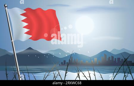 Bandiera del Bahrain con sfondo solare di montagne e laghi Illustrazione Vettoriale