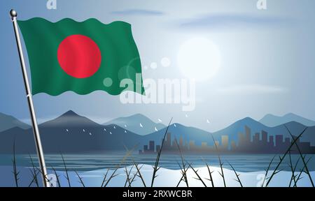 Bandiera del Bangladesh con sfondo solare di montagne e laghi Illustrazione Vettoriale