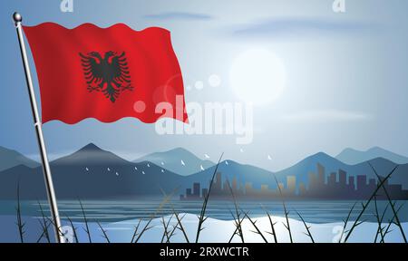 Bandiera albanese con sfondo soleggiato di montagne e laghi Illustrazione Vettoriale