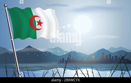 Bandiera algerina con sfondo soleggiato di montagne e laghi Illustrazione Vettoriale