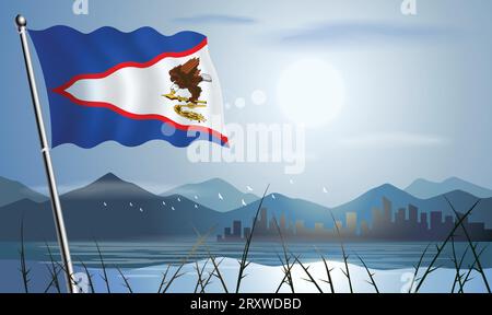 Bandiera delle Samoa americane con sfondo soleggiato di montagne e laghi Illustrazione Vettoriale