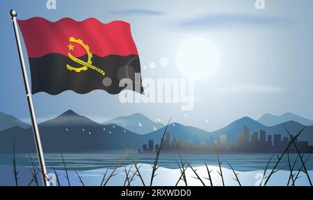 Bandiera dell'Angola con sfondo soleggiato di montagne e laghi Illustrazione Vettoriale