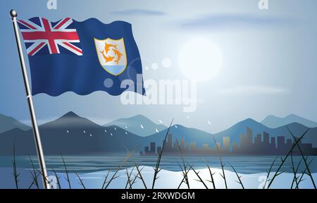 Bandiera dell'Anguilla con sfondo solare di montagne e laghi Illustrazione Vettoriale