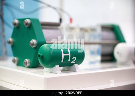 Wasserstoff Technologie Messe a Brema Ein Model eines Wasserstofftanks als Teil einer Anlage zum Speichern von erneuerbarem Strom ist an einem Messestand auf der europäischen Wasserstoff Technologie Messe Hydrogen Technology Expo Europe a Brema zu sehen. Brema Brema Brema Deutschland *** Hydrogen Technology Fair a Brema Un modello di serbatoio di idrogeno come parte di un sistema di stoccaggio di energia elettrica rinnovabile è visto in uno stand alla fiera europea della tecnologia dell'idrogeno Hydrogen Technology Expo Europe a Brema Brema Brema Germania DTM723 092711355408508DR Foto Stock