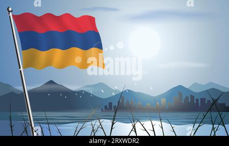 Bandiera dell'Armenia con sfondo solare di montagne e laghi Illustrazione Vettoriale