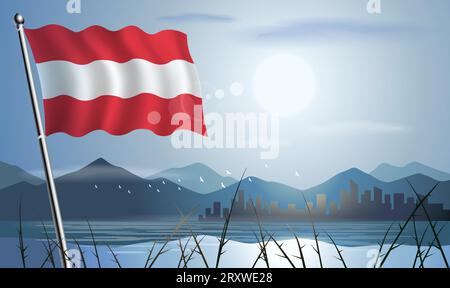 Bandiera austriaca con sfondo soleggiato di montagne e laghi Illustrazione Vettoriale
