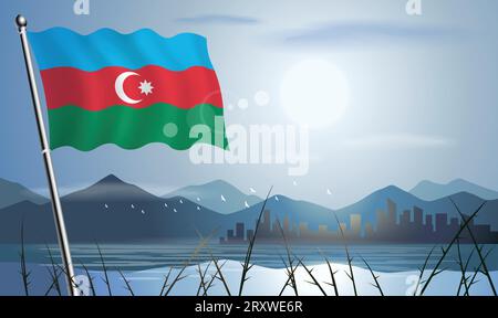 Bandiera dell'Azerbaigian con sfondo solare di montagne e laghi Illustrazione Vettoriale