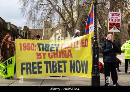 Il Tibet libero ora protesta a Londra, Regno Unito. 1950. Tibet occupato dalla Cina, bandiera del manifestante. Cartello. I tibetani chiedono la libertà Foto Stock