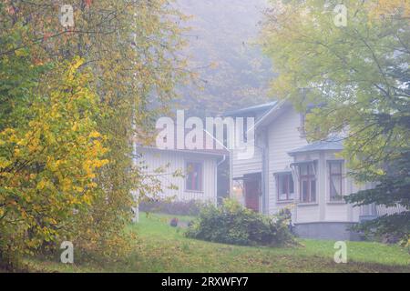 Un vecchio cottage un giorno autunnale nebbioso Foto Stock