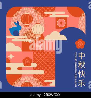 Sfondo moderno e piatto per Chuseok, traduzione di testi cinesi - Festival di metà autunno. Mooncake, coniglietti, arcobaleni e luna. Banner in stile geometrico Illustrazione Vettoriale