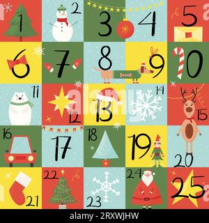 Calendario di dicembre dell'Avvento di Natale con numeri e simpatici personaggi invernali. Illustrazione vettoriale piatta Illustrazione Vettoriale