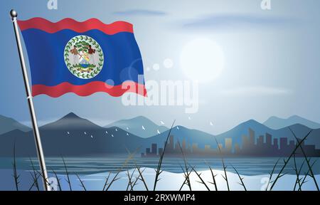 Bandiera del Belize con sfondo solare di montagne e laghi Illustrazione Vettoriale