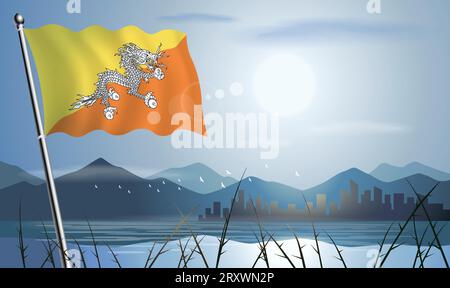 Bandiera del Bhutan con sfondo solare di montagne e laghi Illustrazione Vettoriale