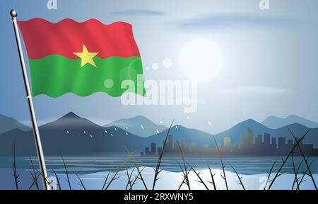 Bandiera del Burkina con sfondo solare di montagne e laghi Illustrazione Vettoriale