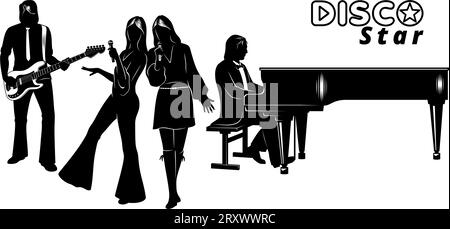 Set di silhouette disco Group. Chitarrista, pianista e due cantanti. Tutte le figure sono oggetti separati. Clipart vettoriali isolati su bianco. Illustrazione Vettoriale